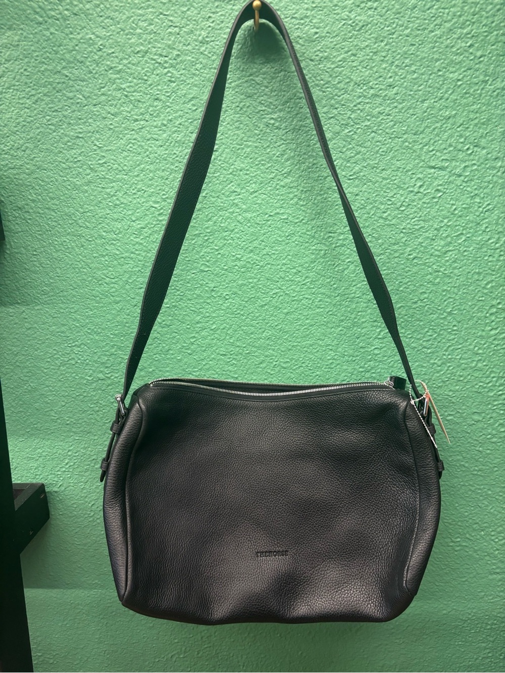 Black Pebbled Leather Shoulder Bag with Wide Strap